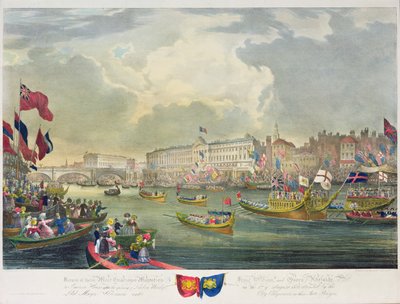 Blick auf die Themse während der Eröffnung der London Bridge durch König Wilhelm IV. und Königin Adelaide, graviert von William Day, 1831 von Frederick Calvert